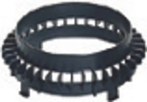 Schwarzes Einlaufelement von Dallmer mit runder Form und seitlichen Öffnungen. Geeignet zum Auffangen von Kies oder ähnlichem Material.
