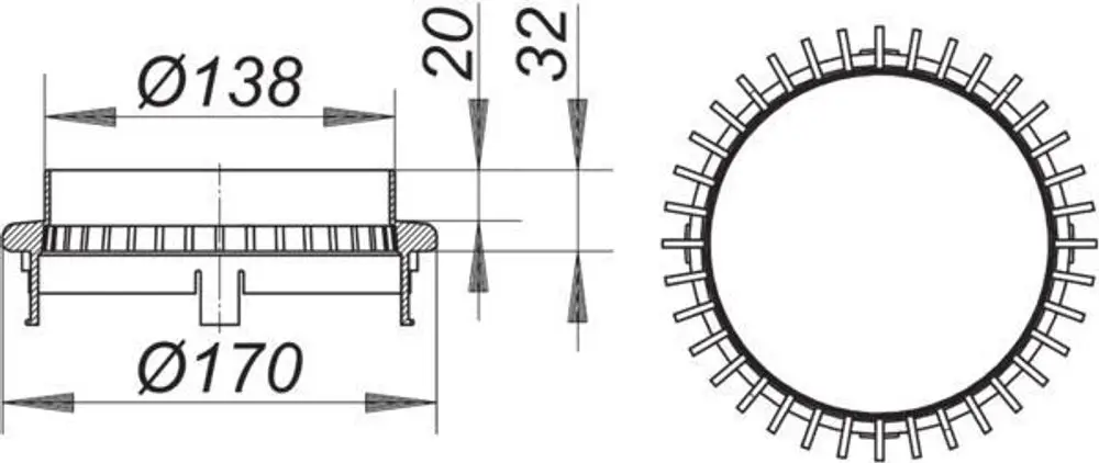 Dallmer Einlaufelement mit kreisrunder Form, mittig mit einem Durchgang versehen. Die Maße sind im technischen Diagramm vermerkt. Ideal für den Einsatz als Kiesfang.