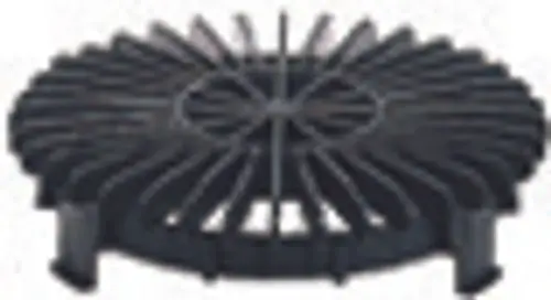 Schwarzer Flachrost mit einer spiralenartigen Struktur. Die Oberseite zeigt gleichmäßige Vertiefungen. Das Produkt stammt von der Marke Dallmer.