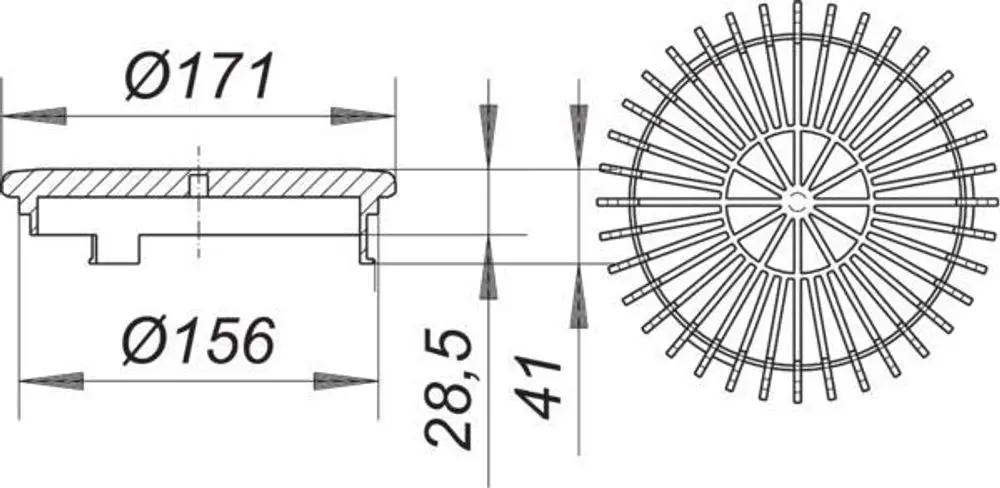 Flachrost von Dallmer, mit durchgängigem Design und radialen Stäben, sichtbar als Ansicht von oben und seitlich mit angegebenen Durchmessern und Höhenmaß.