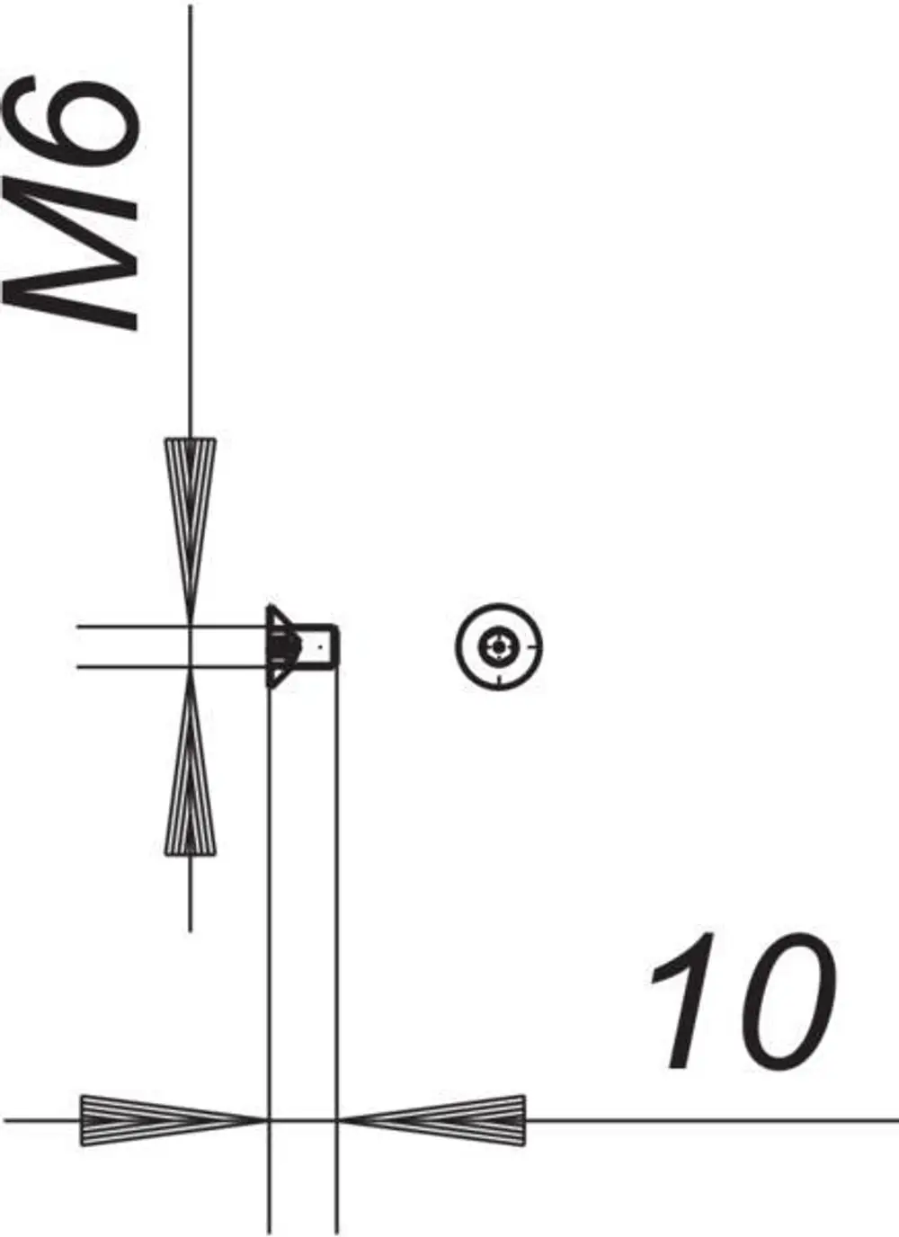 Technische Zeichnung von Dallmer Sicherheitsschrauben mit Darstellung der M6-Gewindebelegung und einer Länge von 10 mm. Enthält schematische Darstellungen der Schraube und der Montage.
