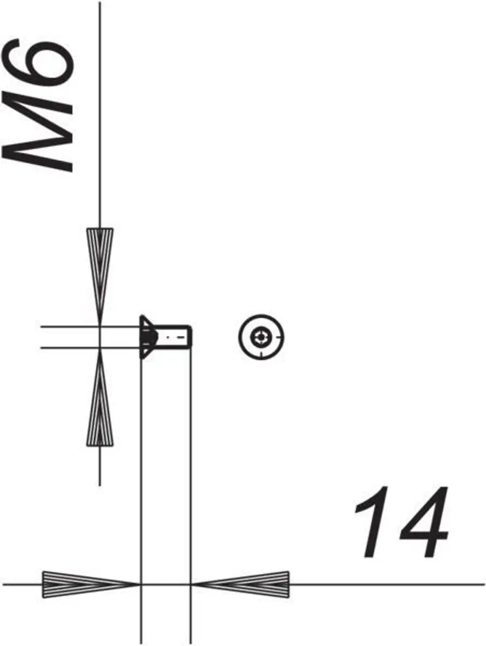 Dallmer Sicherheitsschraube in Seitenansicht, M6-Gewinde, mit Angabe einer Länge von 14 mm und einer verbundenen Schraube im Schraubenkopf-Design.