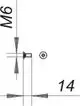 Dallmer Sicherheitsschraube in Seitenansicht, M6-Gewinde, mit Angabe einer Länge von 14 mm und einer verbundenen Schraube im Schraubenkopf-Design.