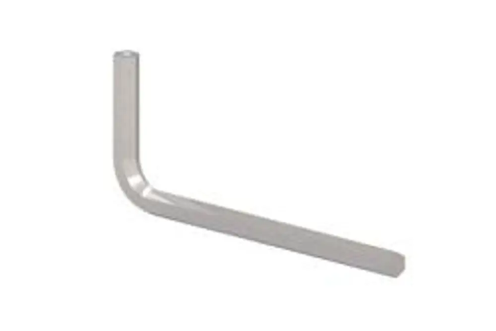 Langer, gebogener Schlüssel aus Metall, geeignet für Sicherheitsschrauben. Das Produkt trägt das Markensymbol von Dallmer.