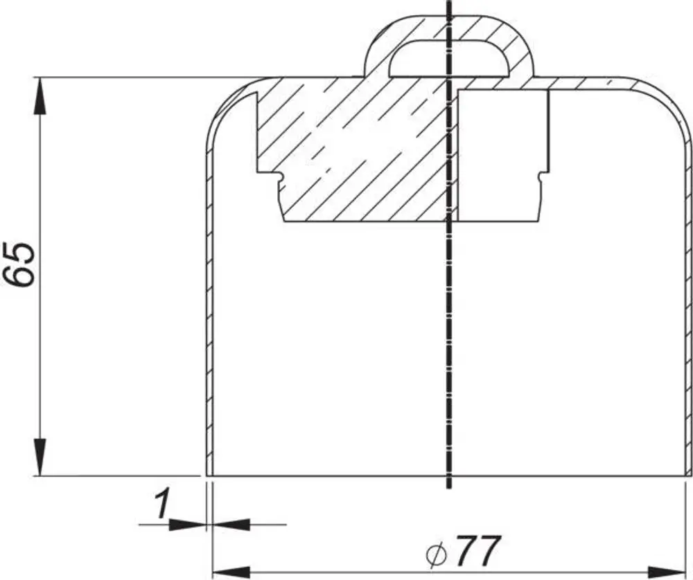 Schemagrafik einer Dallmer Geruchverschlussglocke mit einem Durchmesser von 77 mm und einer Höhe von 65 mm. Das Produkt zeigt eine Aussparung für ein Ablaufgehäuse.
