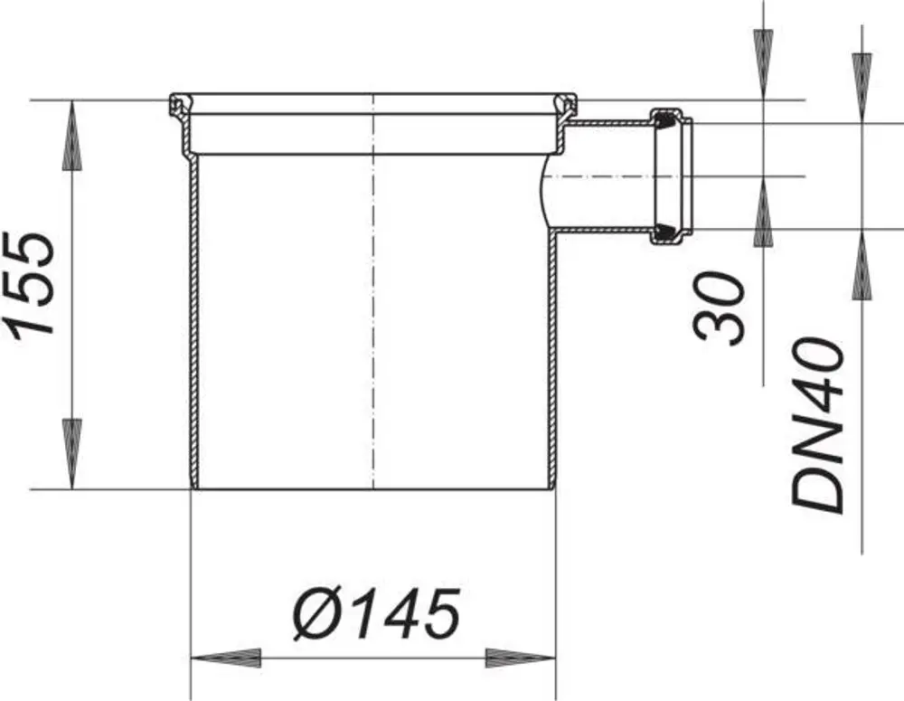 Dallmer Aufsatzverlängerung, zylindrisches Bauteil mit einem Durchmesser von 145 mm und einer Höhe von 155 mm. Anschluss DN 40 seitlich.