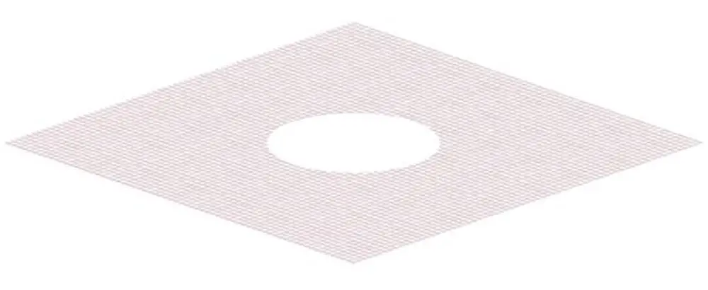 Dallmer Glasgewebematte in Diamantform mit mittigem Loch, auf einem Rastermuster dargestellt. Die Matte ist in heller Farbgebung gestaltet.