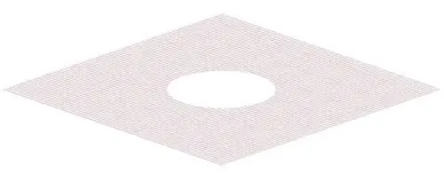 Dallmer Glasgewebematte in Diamantform mit mittigem Loch, auf einem Rastermuster dargestellt. Die Matte ist in heller Farbgebung gestaltet.