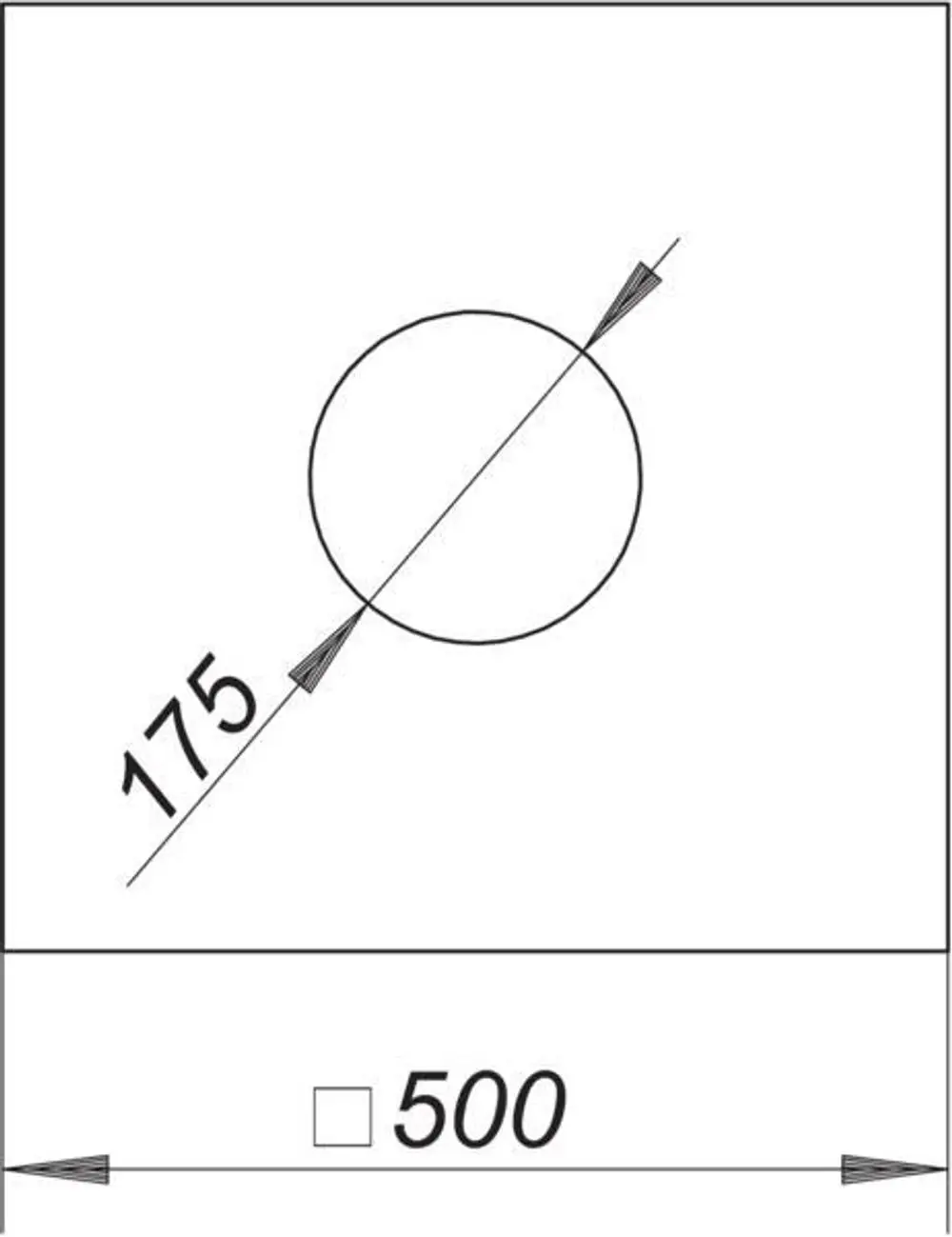 Dallmer Produktdarstellung mit quadratischer Grundfläche und einem zentralen Kreis. Die Abmessungen und die Position des Kreises sind schematisch eingezeichnet.