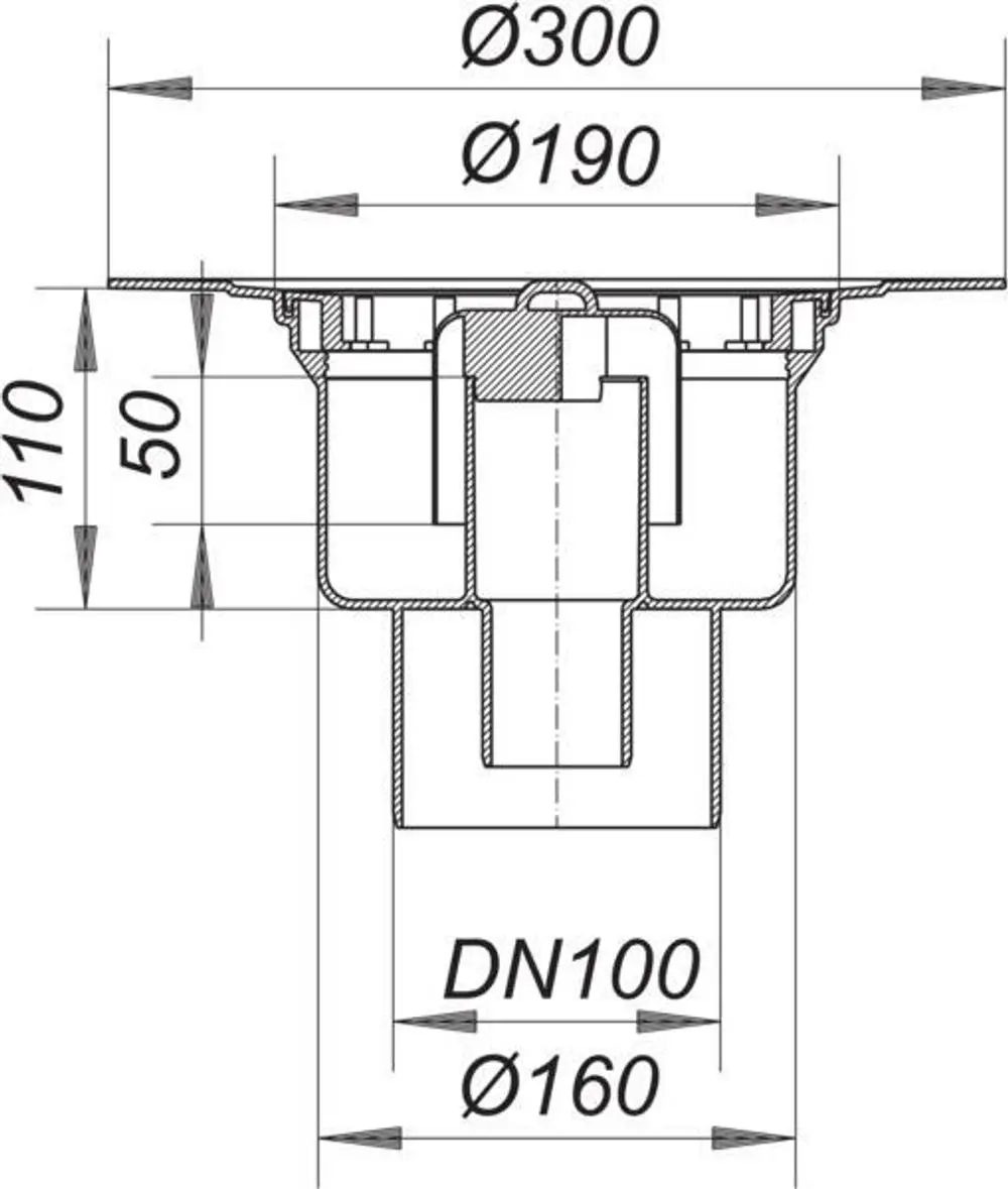 Dallmer Ablaufgehäuse mit einem Durchmesser von 300 mm, dargestellt in einem technischen Schnitt, zeigt verschiedene Maße und Anschlussmöglichkeiten.
