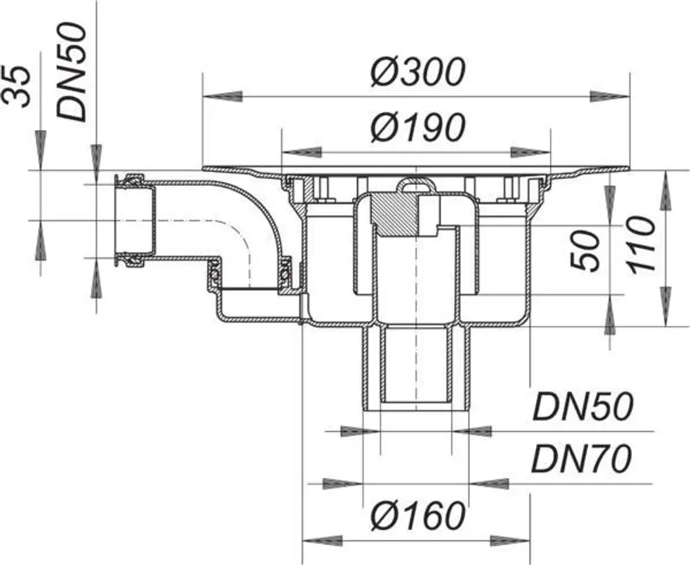 Dallmer Ablaufgehäuse mit Zulauf DN 50, in Schnittansicht. Enthält Anschlussmöglichkeiten für DN 50 und DN 70 sowie verschiedene Durchmesser und Abmessungen.