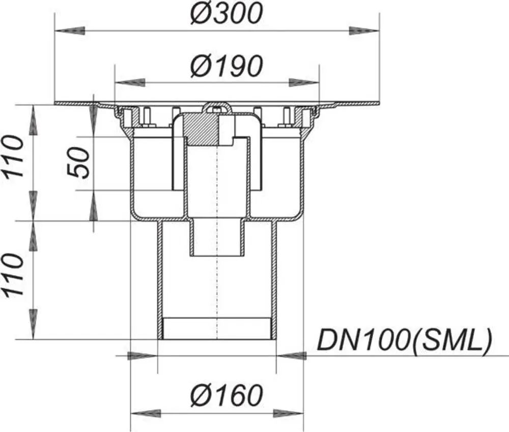 Dallmer Ablaufgehäuse in Schnittansicht mit klaren Dimensionen: Öffnungen von Ø300 bis Ø160 mm, DN100(SML) Anschluss, geradliniger Aufbau und angegebene Maße im technischen Design.
