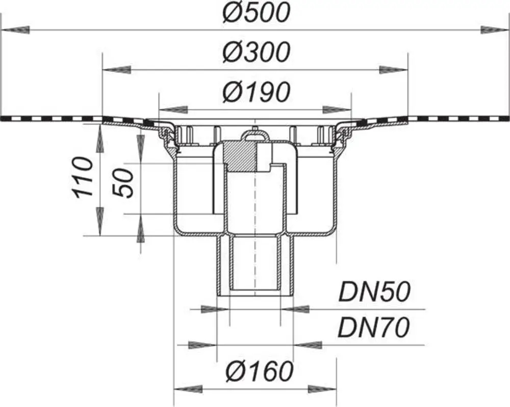 Schematische Darstellung eines Ablaufgehäuses von Dallmer, inklusive Maße und Anschlussmöglichkeiten, für die Installation in Abwasserleitungen.