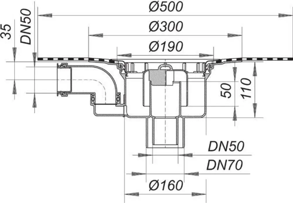 Dallmer Ablaufgehäuse mit umlaufender Dichtung und Anschlüssen für Zulauf DN 50. Technische Zeichnung mit Maßen und Detailansichten des Produkts.