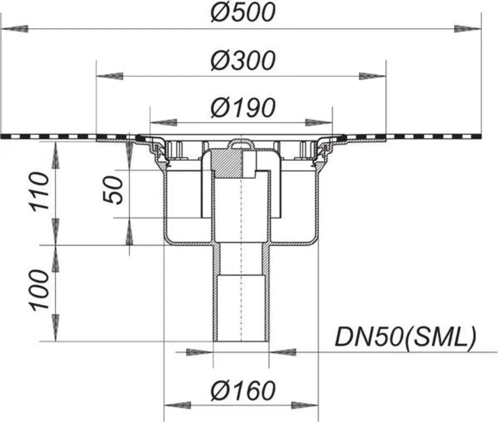 Dallmer Ablaufgehäuse mit rundem Design und verschiedenen Durchmessern für die Installation in Abflusssystemen, dargestellt in einer technischen Zeichnung.