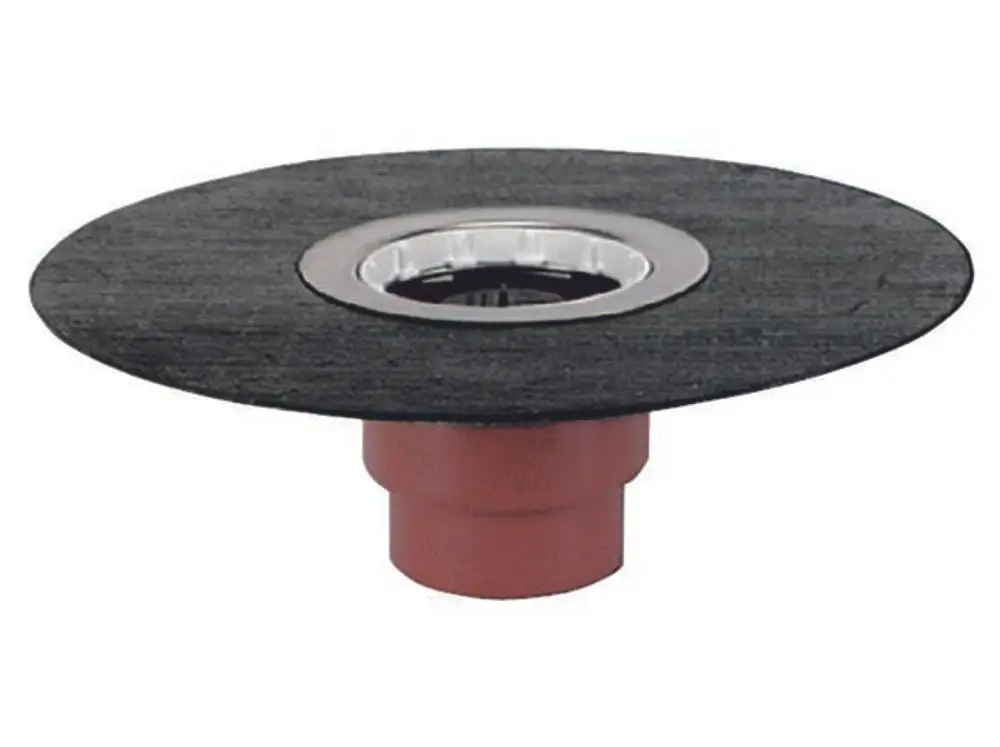 Dallmer Ablaufgehäuse mit flacher Abdeckung und einer zentralen Öffnung, montierbar für den Ablauf, aus einem roten Material mit Metallring.
