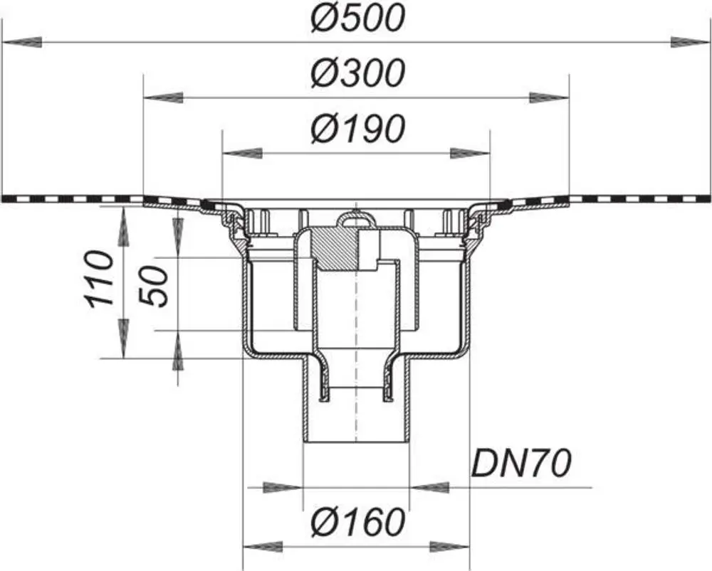 Dallmer Ablaufgehäuse mit schematischer Darstellung. Sichtbare Abmessungen und Anschlussgrößen sind eingezeichnet. Das Design zeigt einen Verbindungspunkt und einen Ablauf.