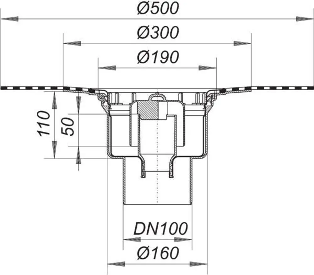 Dallmer Ablaufgehäuse mit einem Durchmesser von 500 mm und DN 100, zeigt eine Schnittansicht mit verschiedenen Maßen und Anschlussdetails.