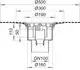 Dallmer Ablaufgehäuse mit einem Durchmesser von 500 mm und DN 100, zeigt eine Schnittansicht mit verschiedenen Maßen und Anschlussdetails.