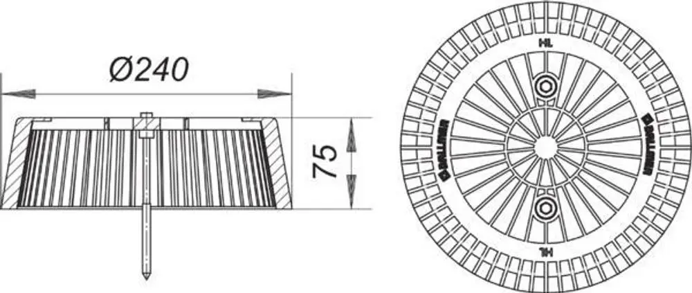Dallmer Laubfangkorb mit einem Durchmesser von 240 mm und einer Höhe von 75 mm, mit axialer Verbindung und gerillter Oberfläche für die Ableitung von Wasser.