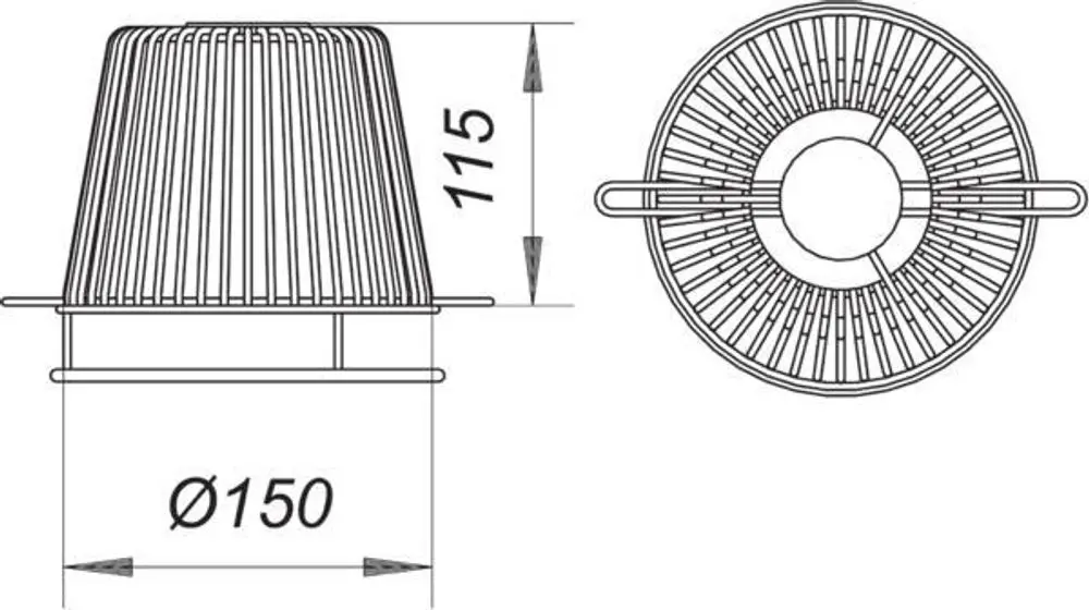 Dallmer Kies- und Laubfangkorb mit einem konischen Design und seitlichen Haltegriffen, sichtbar sind maschinengefertigte Rippen und eine runde Öffnung in der Mitte.