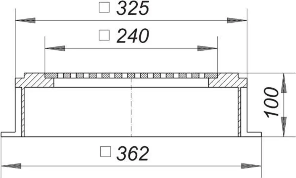 Schematische Darstellung eines Dallmer Drainage-Aufsatzes mit verschiedenen Maßen und einer Schnittansicht, die die Struktur und Bauweise zeigt.