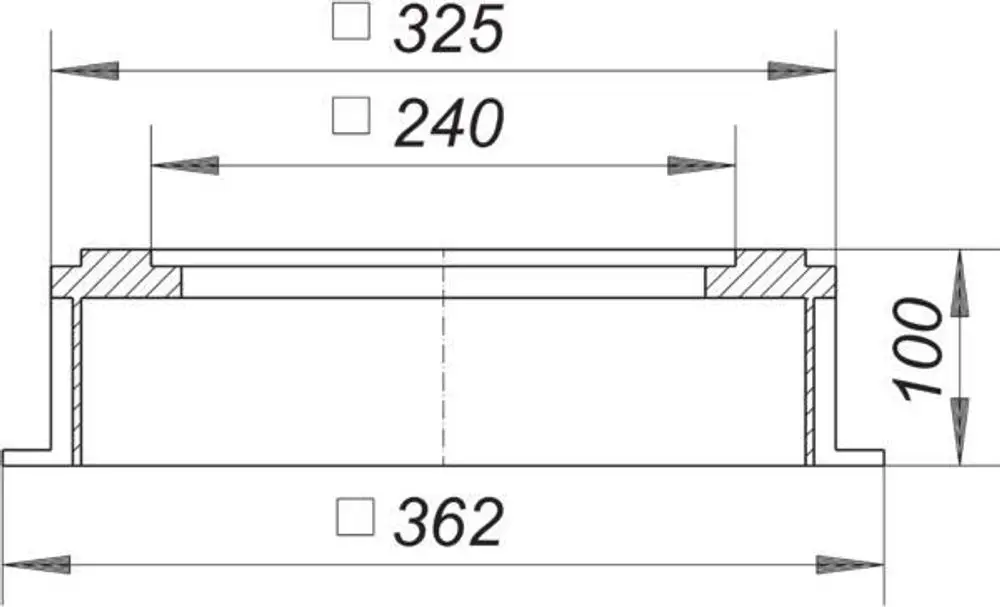 Dallmer Drainage-Aufstockelement, zeichnerische Darstellung mit Maßangaben und einem Durchmesser von 362 mm, 100 mm Höhe und weiteren klaren Dimensionslinien.