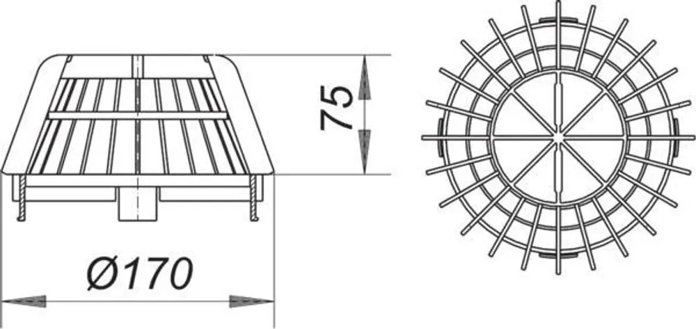 Dallmer Kies-/Laubfangkorb mit einem durchbrochenen, runden Design. Die Ansicht zeigt die Ober- und Unterseite des Korbs mit gitterartiger Struktur zur Laub- und Schmutzauffangfunktion.