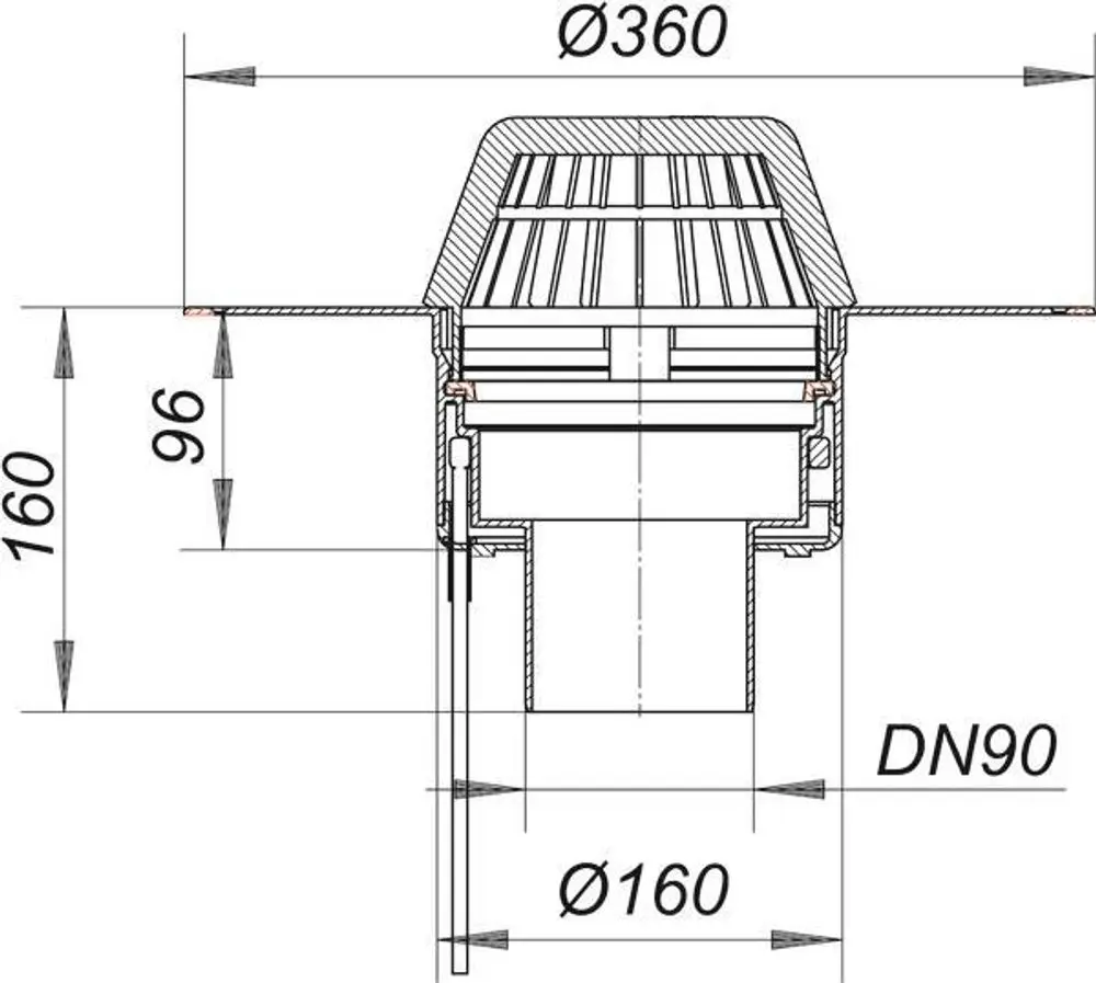Dallmer Dachablauf mit einem Durchmesser von 360 mm und einer Höhe von 160 mm. Die Abbildung zeigt die Bauform und Anschlussmöglichkeiten.
