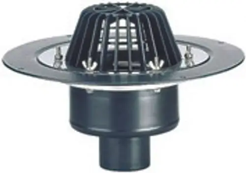 Dallmer Dachablauf mit Schraubflansch, zeigt ein rundes Gehäuse und ein Gitterdesign zur Wasserableitung, mit einem Anschluss für DN 70 Rohrleitungen.