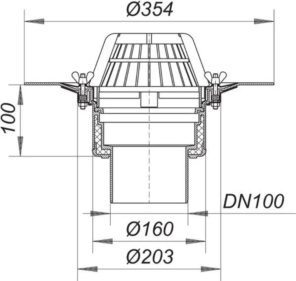Dallmer Dachablauf mit Schraubflansch, dargestellt in Seitenansicht. Es zeigt die verbundenen Rohre und das Abflussdesign, ohne spezifische Maße anzugeben.