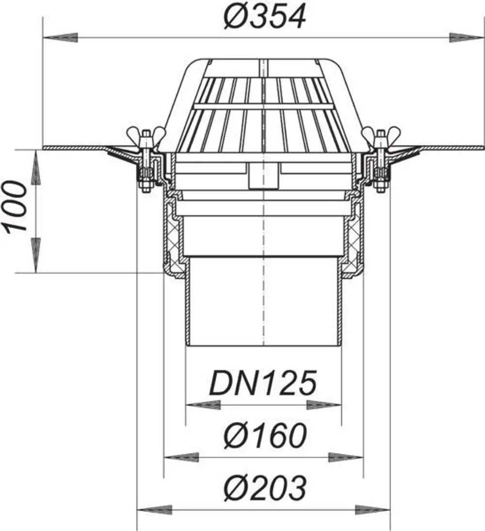Dallmer Dachablauf mit Schraubflansch, ausgestattet mit Gittern und einem Anschlussstutzen. Technische Zeichnung mit Maßen und Details zur Installation.