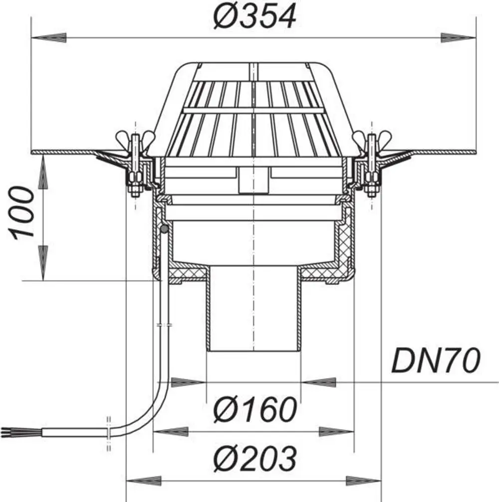 Dallmer Dachablauf mit Schraubflansch und beheiztem Design, einschließlich Rohranschlüssen und detaillierten Maßen, dargestellt in einer technischen Zeichnung.
