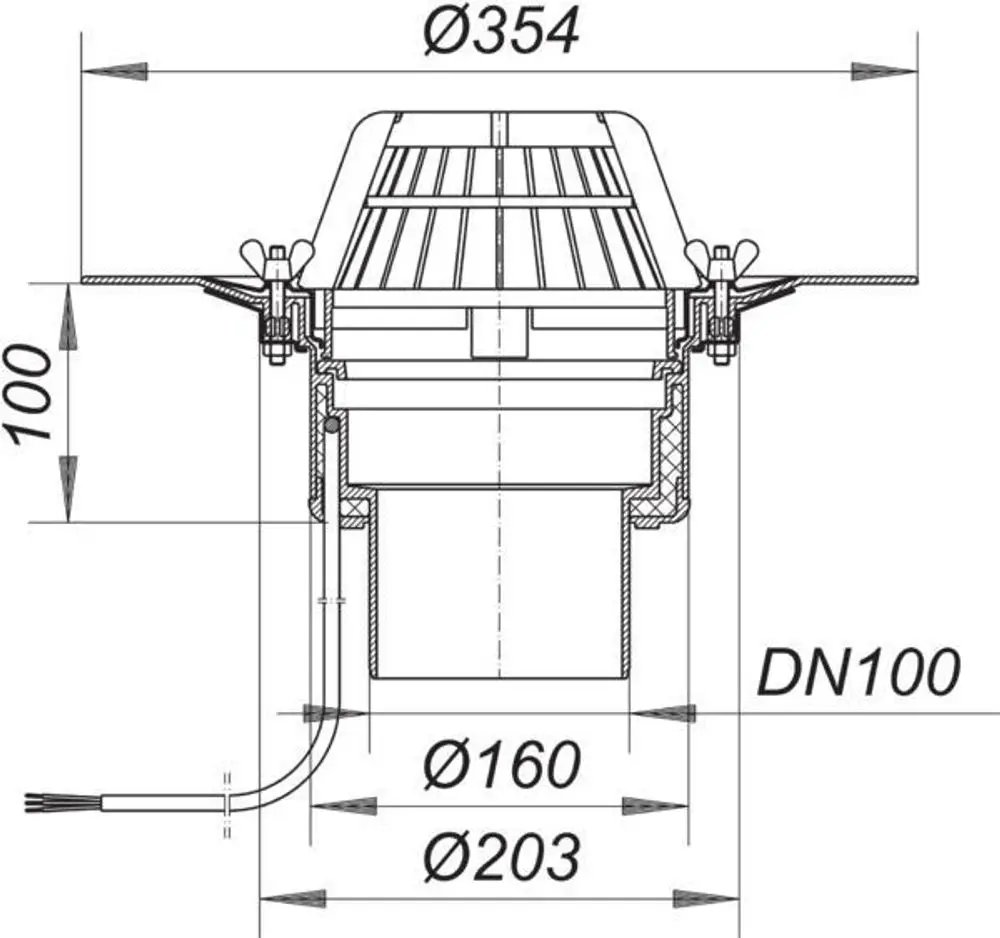 Dallmer-Dachablauf mit Schraubflansch, dargestellt in Schnittansicht. Abmessungen und Anschlüsse sind im technischen Detail gut sichtbar.