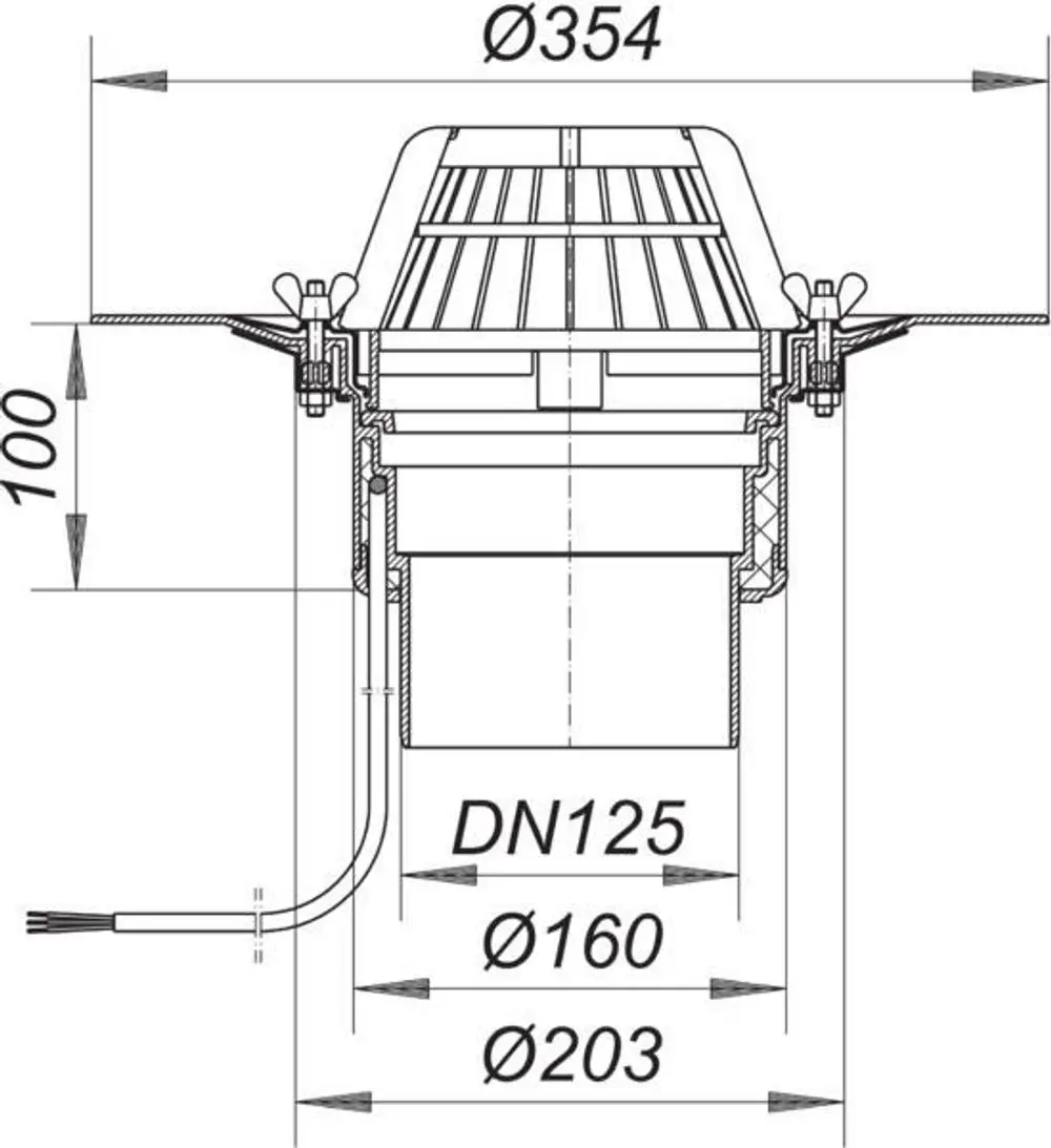 Dallmer Dachablauf mit Schraubflansch, zeigt eine schematische Zeichnung mit Maßen und Anschlussdetails. Der Ablauf hat eine runde Form und ist für DN 125 ausgelegt.