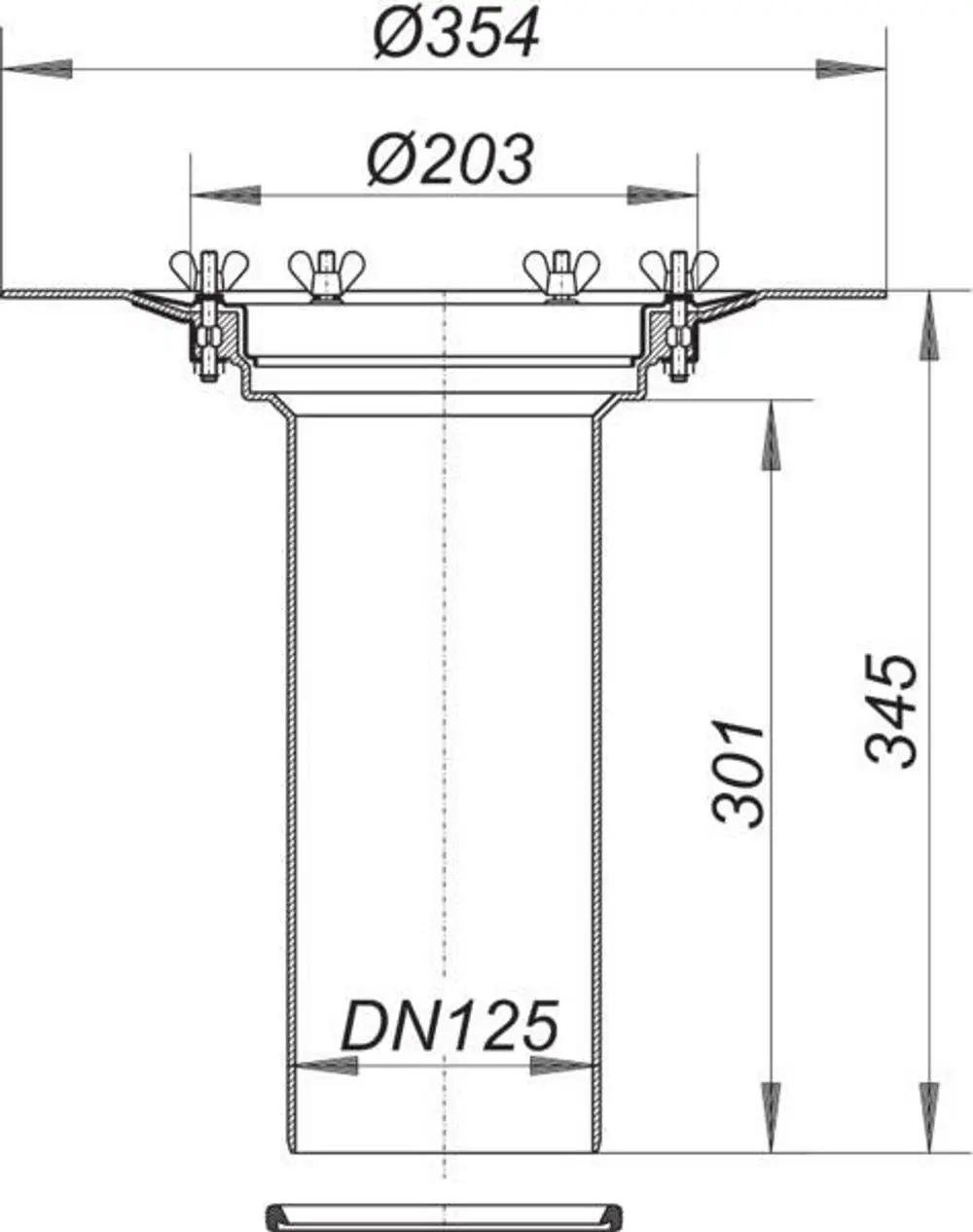 Schnittzeichnung eines Dallmer Aufstockelements mit Schraubflansch, darstellend Dimensionen und Details des Produkts in schematischer Form.