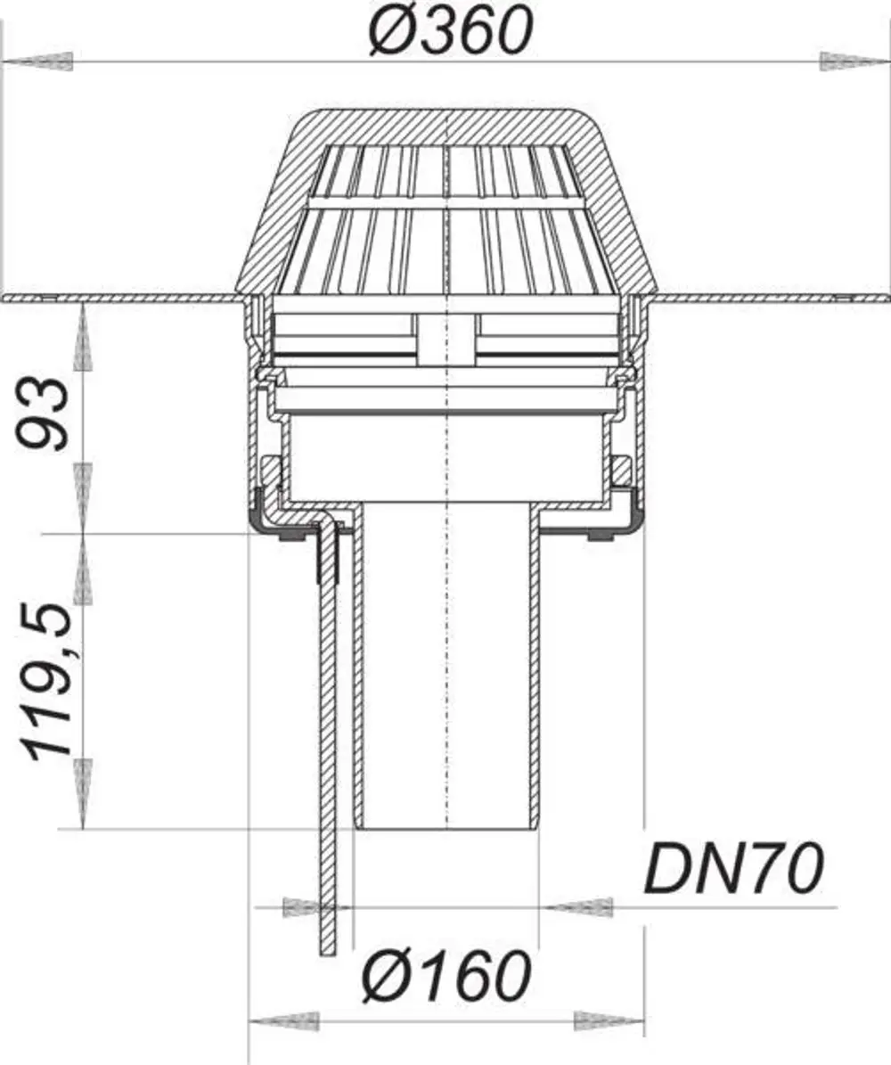 Dallmer Dachablauf mit quadratischem Deckel und Rohranschluss, dargestellt in schräger Schnittansicht. Maße und Details sind im technischen Zeichnungsstil abgebildet.