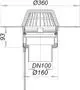 Dallmer Dachablauf mit einem Durchmesser von 360 mm und einem integrierten Heizsystem, für DN 100 Rohranschluss, dargestellt in Seitenansicht mit Maßen.