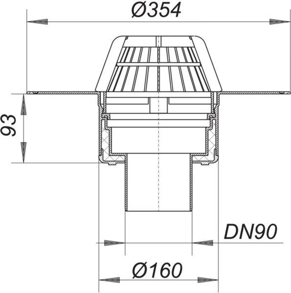 Dallmer Dachablauf, schematische Darstellung mit Schnittansicht. Beinhaltet Elemente für Wasserabfluss und Montage, Maße sind grafisch dargestellt.