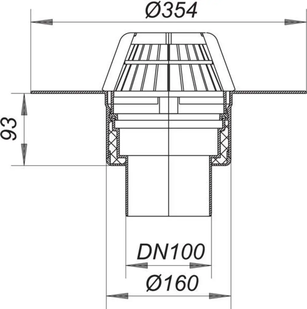 Dallmer Dachablauf mit einem runden Design, Durchmesser 354 mm, DN 100 Anschluss, vertikale Montage mit integrierter Abdeckung zum Schutz vor Verunreinigungen.