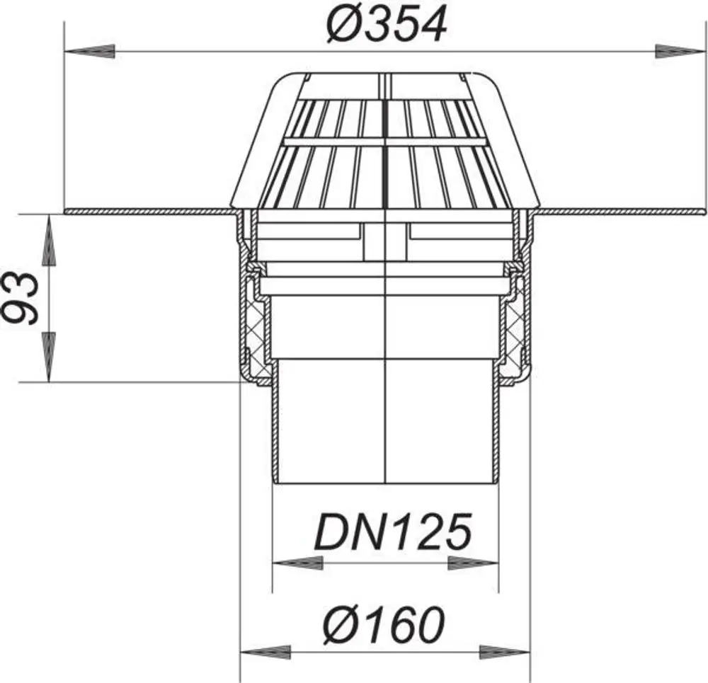 Dallmer Dachablauf mit einem runden, flachen Design, in Querschnittansicht dargestellt, zeigt Anschluss- und Montageinformationen sowie Maße für die Installation.