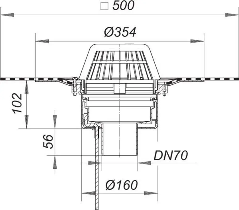 Dallmer Dachablauf mit Heizfunktion, Schnittansicht, zeigt Abmessungen und Anschlussdetails. Kompakte Bauform mit integrierter Ablaufrinne und DN 70 Anschluss.