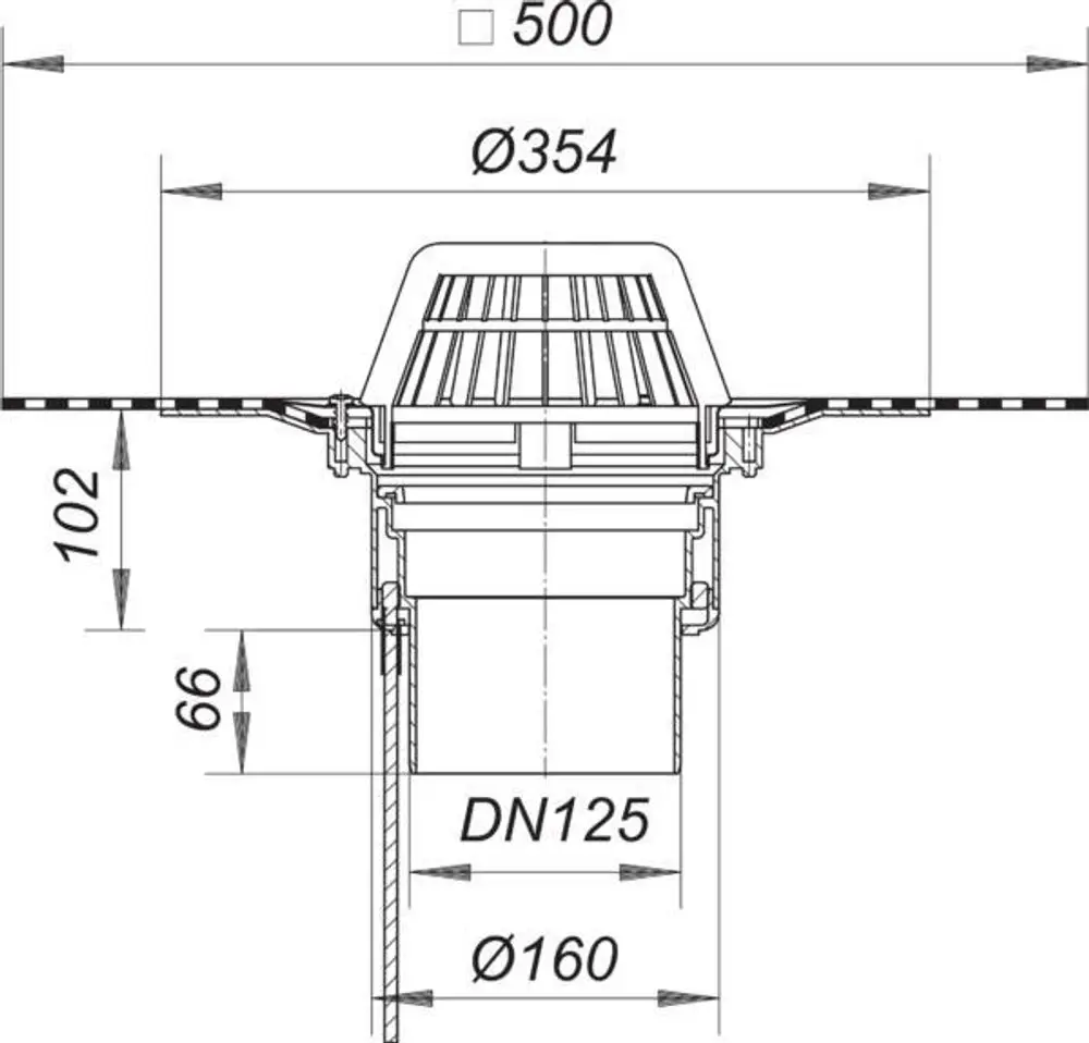 Dallmer Dachablauf mit einem runden, gelochten Auffangbereich, vertikaler Anordnung und Anschluss DN 125. Maße und technische Details schematisch dargestellt.