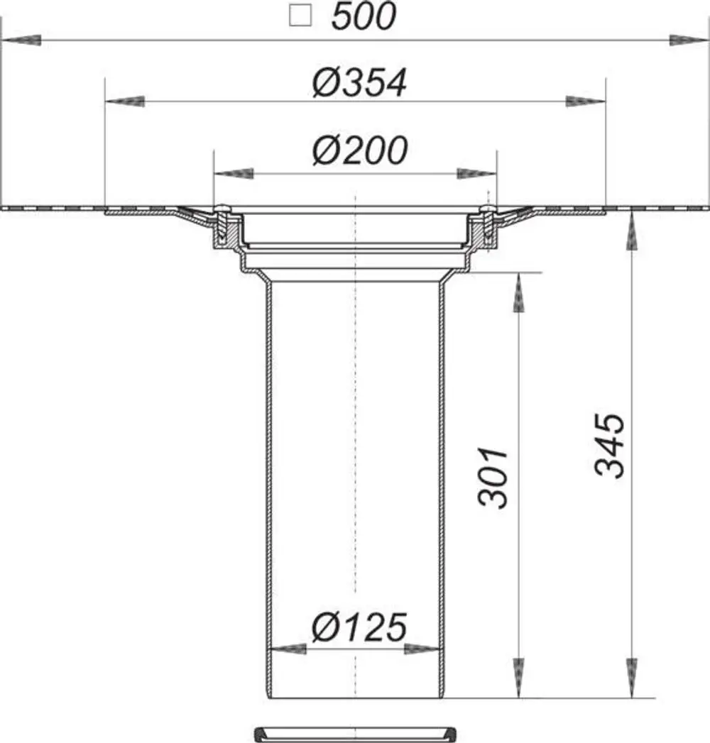 Technisches Zeichnungsdiagramm eines Dallmer Aufstockelements mit verschiedenen Durchmessern und Abmessungen. Ansicht zeigt die Konstruktion und Maßangaben.