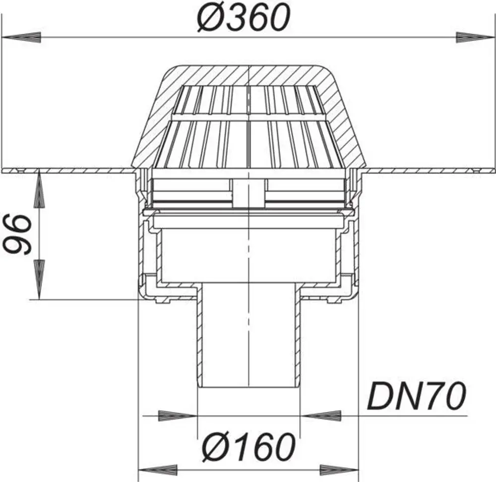 Dallmer Dachablauf mit einem Durchmesser von 360 mm und einem DN 70 Anschluss. Schnittdarstellung mit Detailmaßen.