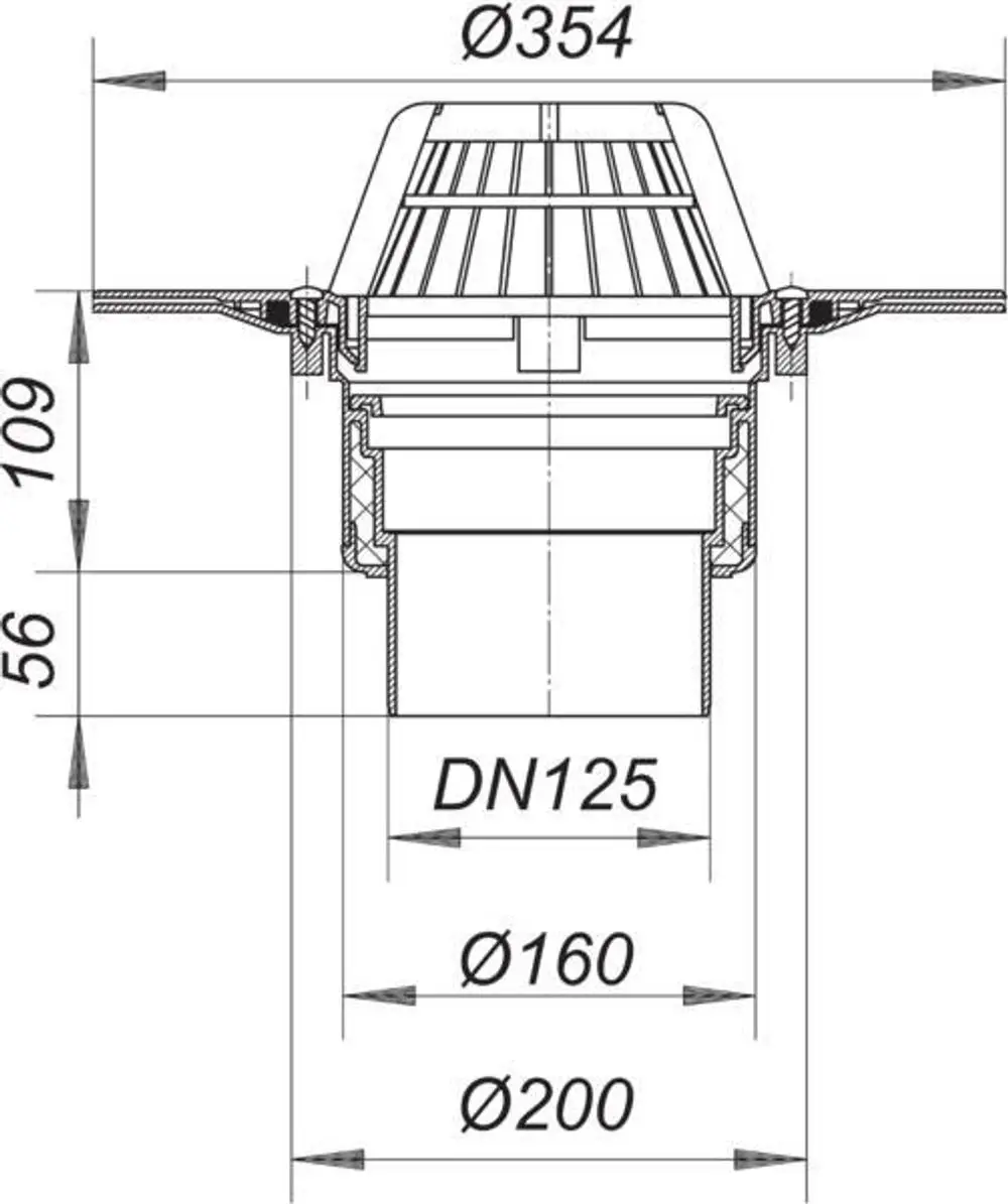 Dallmer Dachablauf mit einem Durchmesser von 354 mm und Anschluss DN 125, in einer technischen Zeichnung dargestellt, mit relevanten Maßen und einer Schnittansicht.