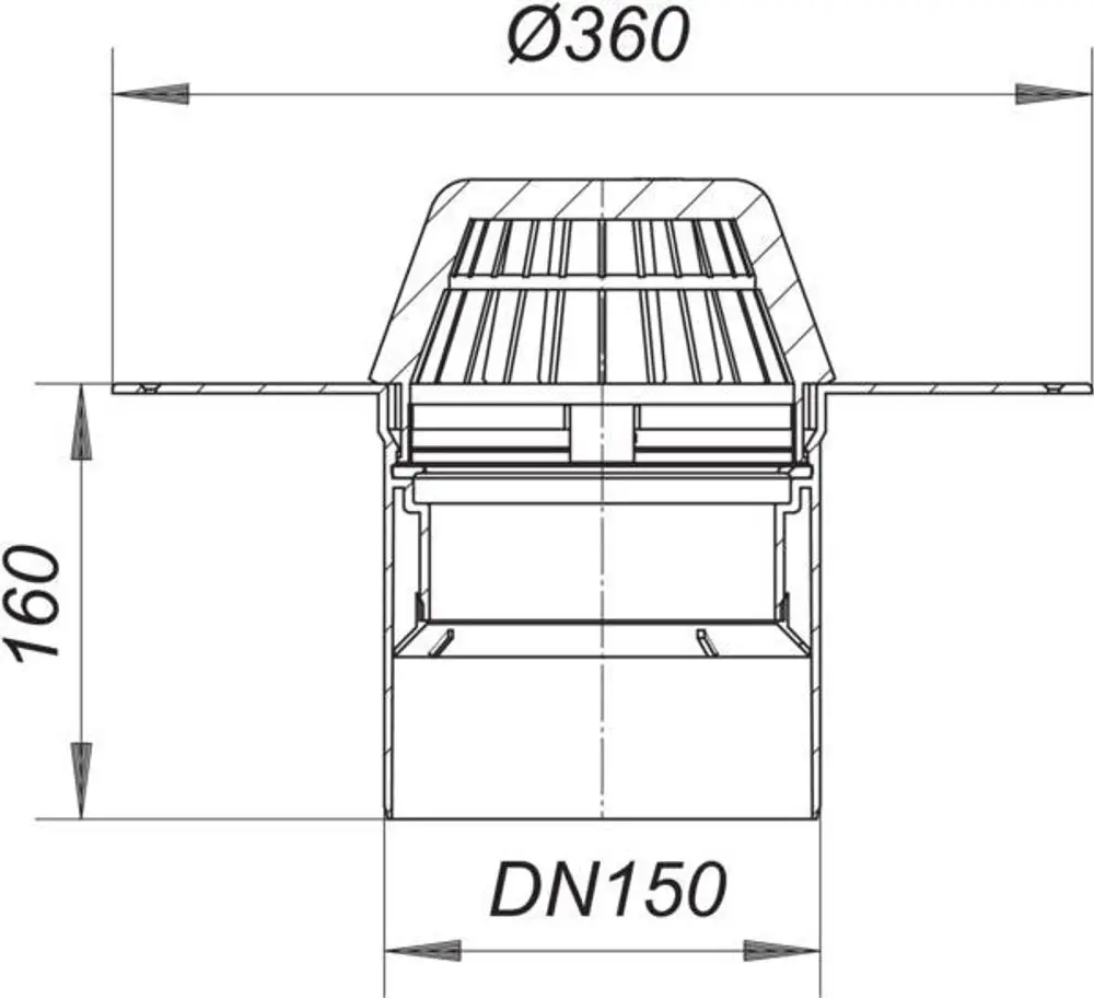Technisches Diagramm eines Dallmer Dachablaufs mit einer kreisförmigen Öffnung von 360 mm Durchmesser und seitlichem Auslass DN 150.