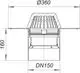 Technisches Diagramm eines Dallmer Dachablaufs mit einer kreisförmigen Öffnung von 360 mm Durchmesser und seitlichem Auslass DN 150.