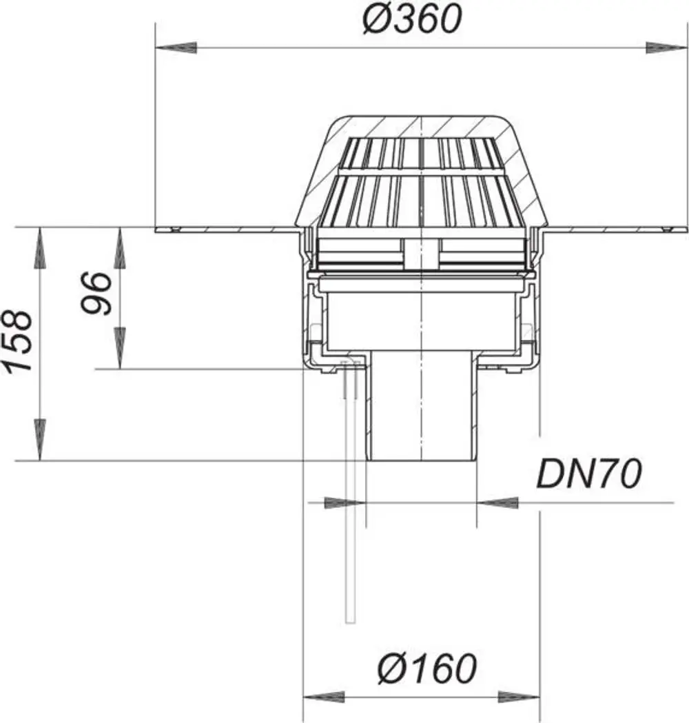 Dallmer Dachablauf mit runder Bauform und einem Durchmesser von 360 mm, ausgestattet mit einem Abflussrohr DN 70, für die Montage in Flachdächern.
