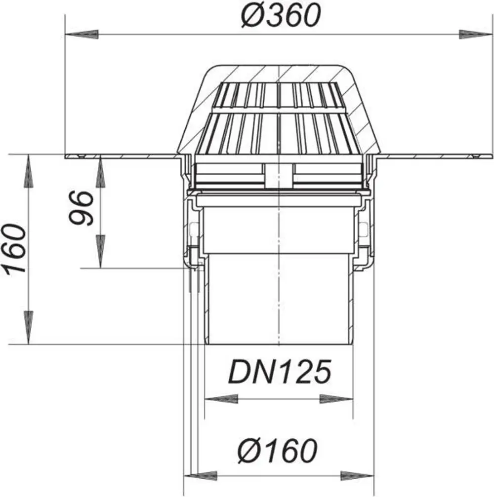 Dallmer Dachablauf mit einem Durchmesser von 360 mm und einem Ansatz DN 125. Sichtbar sind verschiedene Maße und Konstruktionsdetails im technischen Zeichnungsstil.